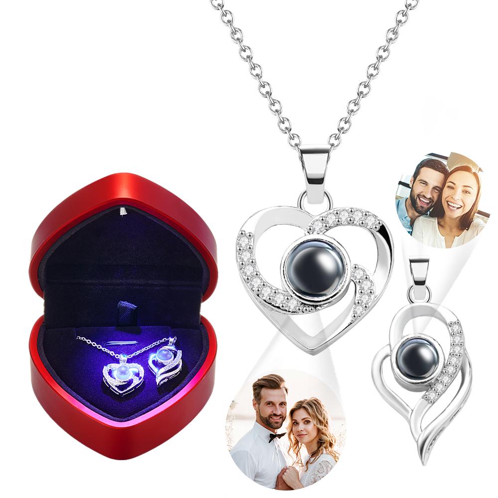 2 Pcs Pendants Photo Projection Heart Pendant Necklace Gifts for Women Mom with Led Light Heart Gift Box Valentine's Day Gifts - soufeeluk