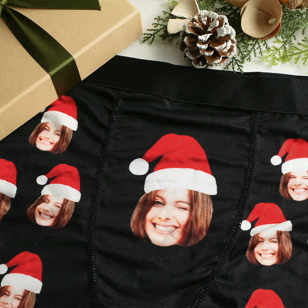 Custom Face Boxers Shorts With Christmas hat Personalised Photo Underwear Christmas Gift For Men