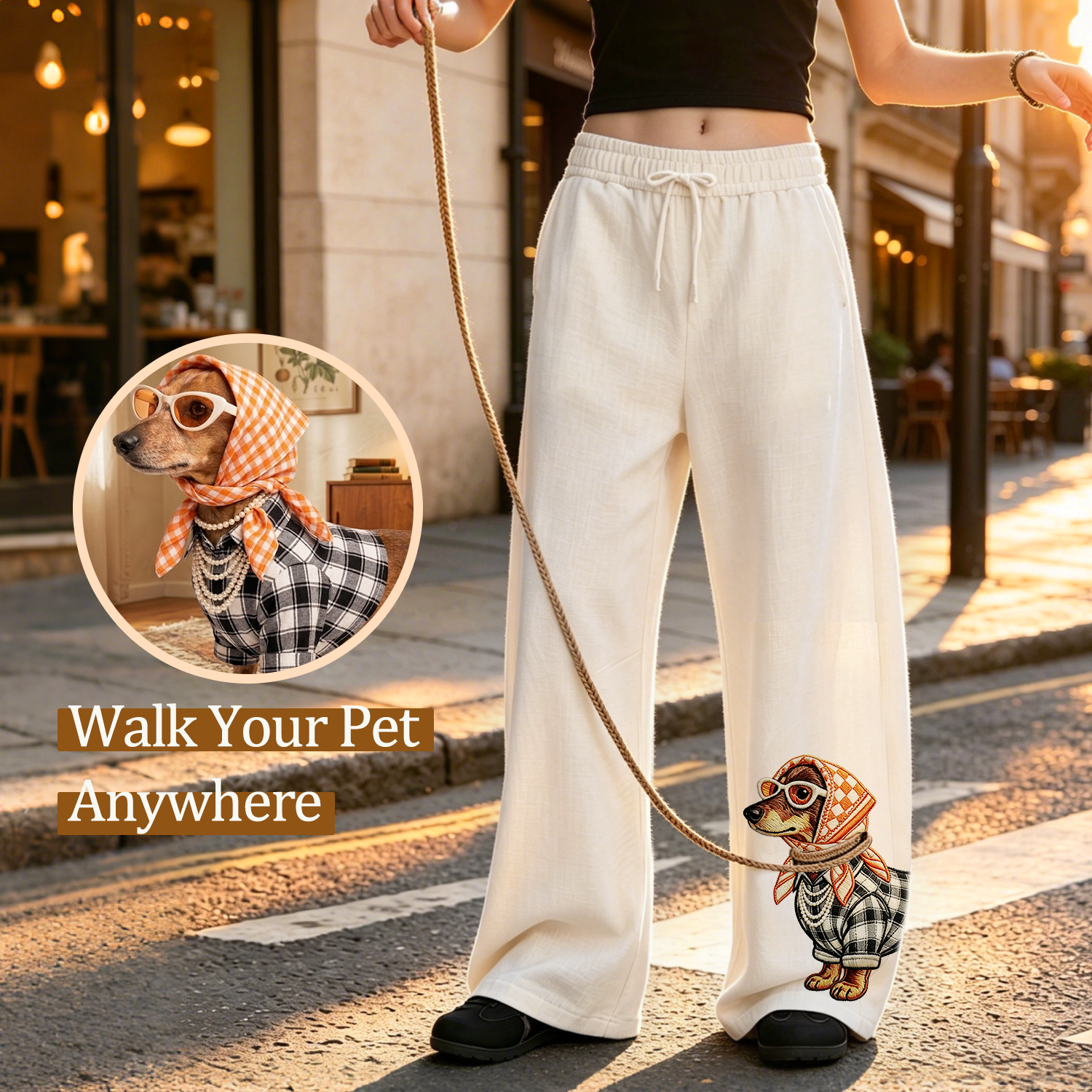 Personalized Pet Linen Lounge Pants – Custom Pet Portrait Print with Interactive Leash, Funny Summer Gift for Dog & Cat Lovers - soufeeluk