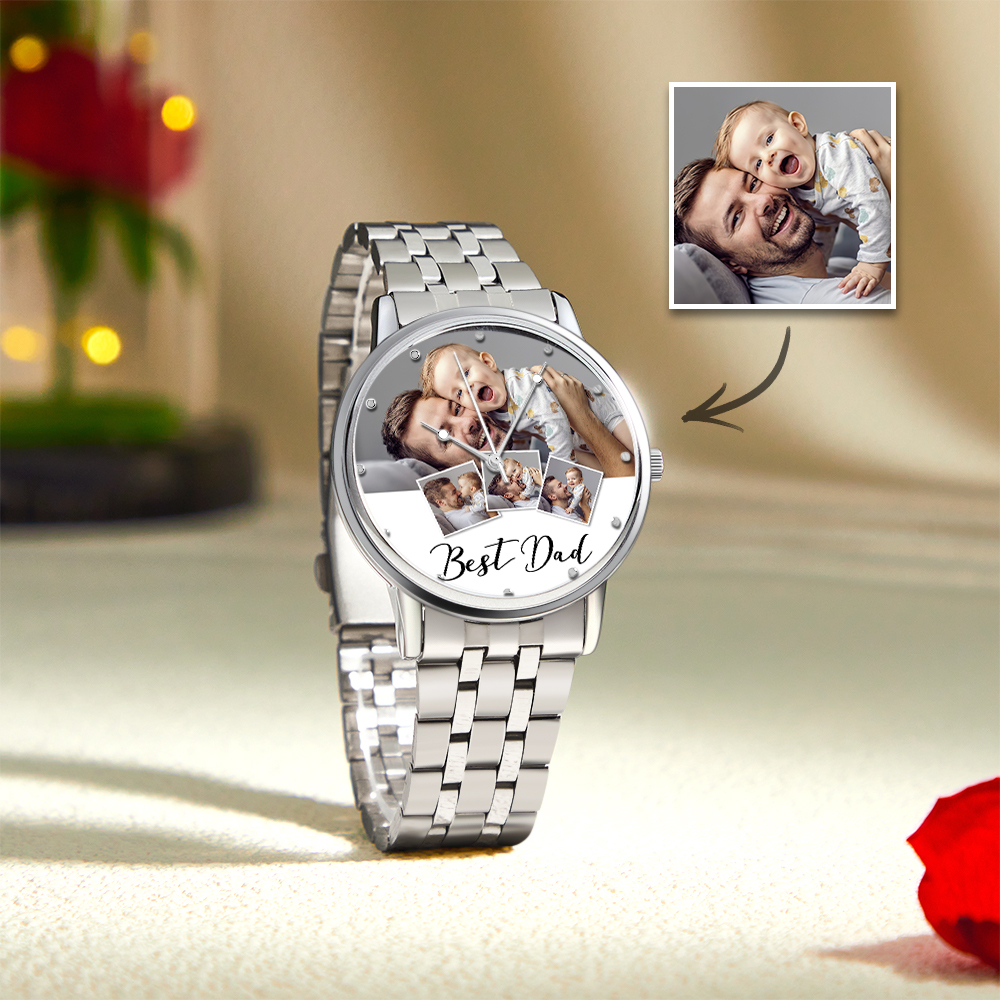 Personalized Engraved Photo Watch Men's Black Alloy Bracelet Photo Watch Father's Day Gifts For Dad