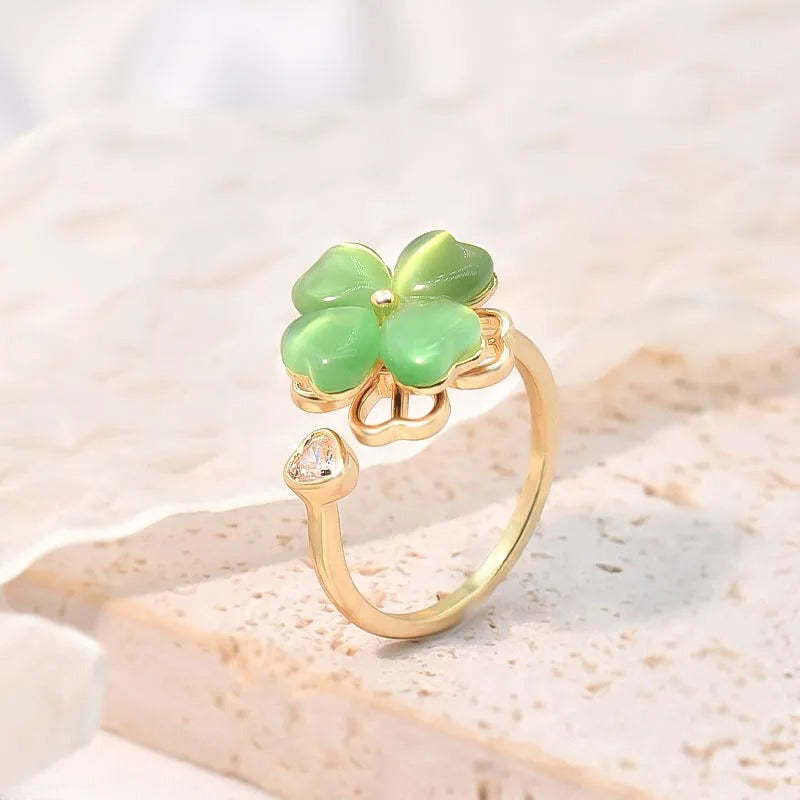 Cat's Eye Four Leaf Clover Love Anxiety Worry Fidget Spinner Ring - soufeeluk