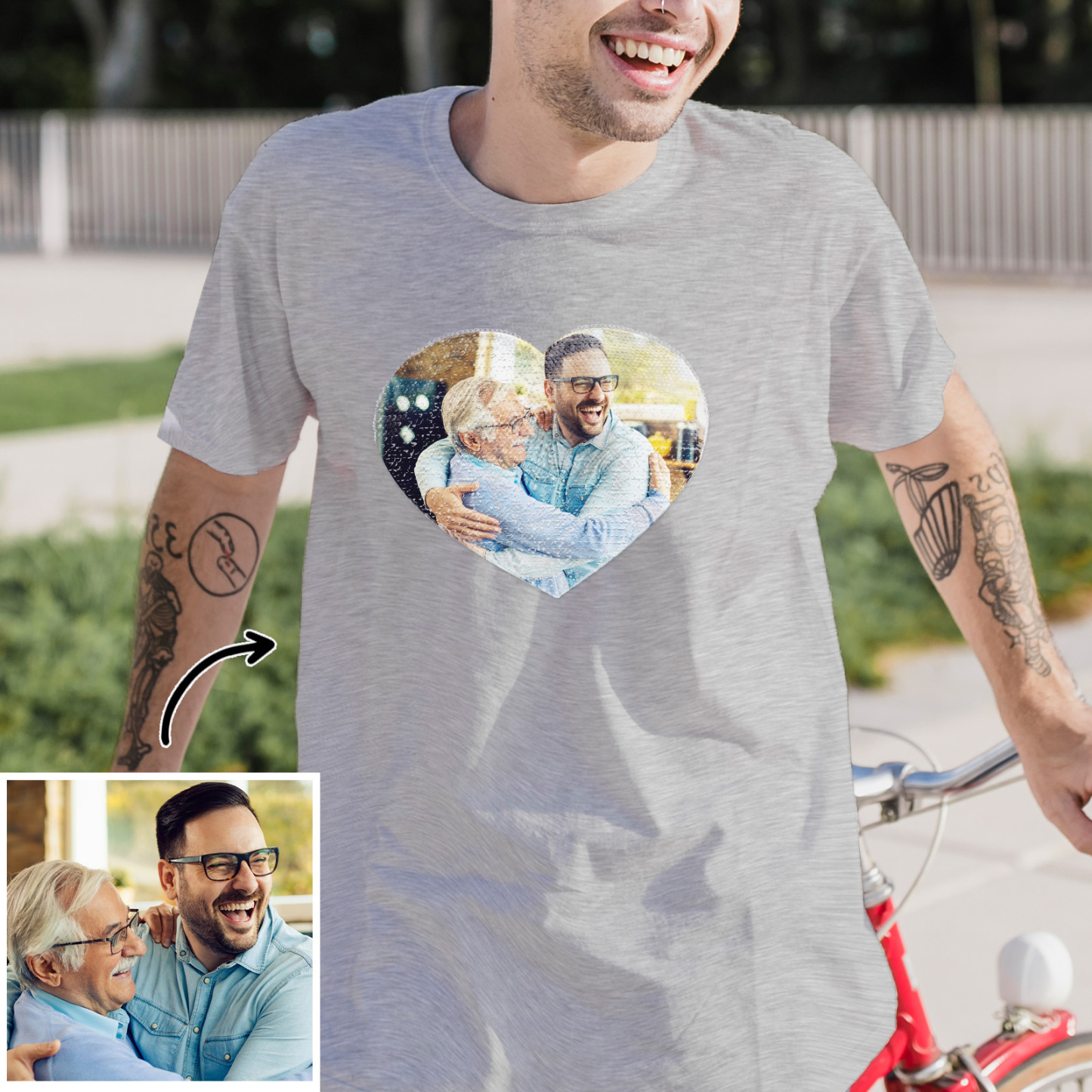 Custom Photo Heart Flip Double Sided Sequin T-shirt Personalized Picture Sequin Tee Father's Day Gifts Super Dad - soufeeluk