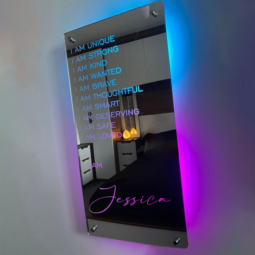 Custom Affirmations Mirror LED Neon Light I Am Mirror Personalized Name Light Up Mirror Bedroom Wall Art for Christmas Gifts Kids Mom Friend