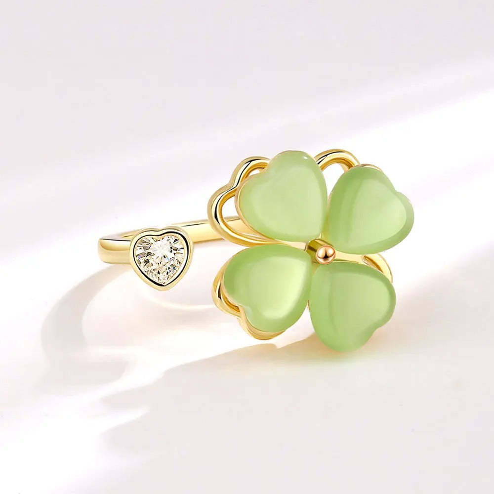 Cat's Eye Four Leaf Clover Love Anxiety Worry Fidget Spinner Ring - soufeeluk