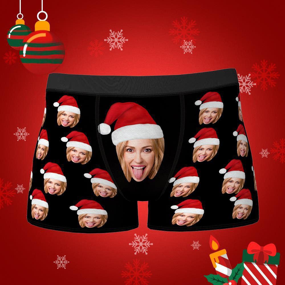 Custom Face Boxers Shorts With Christmas hat Personalised Photo Underwear Christmas Gift For Men