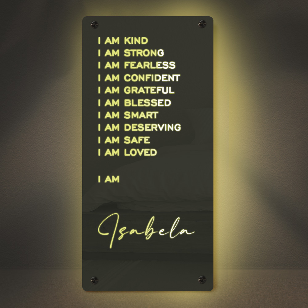 Custom Affirmations Mirror LED Neon Light I Am Mirror Personalized Name Light Up Mirror Bedroom Wall Art for Christmas Gifts Kids Mom Friend