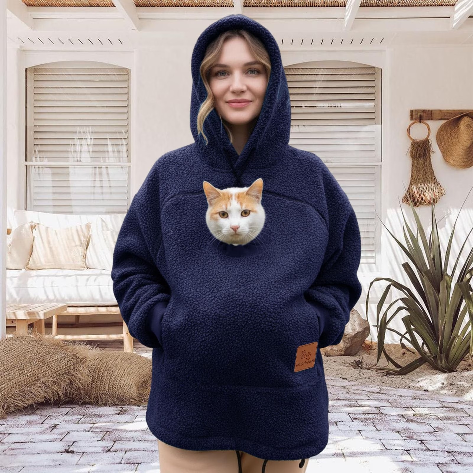 Unisex Cozy Pet Pouch Hoodie – Soft Sherpa Pullover with Built-In Cat & Dog Carrier Pocket, Warm Long Sleeve Sweatshirt for Hands-Free Pet Cuddles - soufeeluk