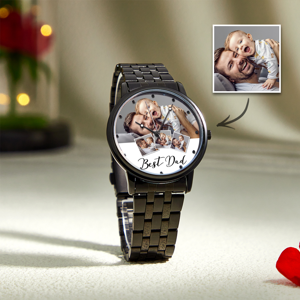 Personalized Engraved Photo Watch Men's Black Alloy Bracelet Photo Watch Father's Day Gifts For Dad - soufeeluk