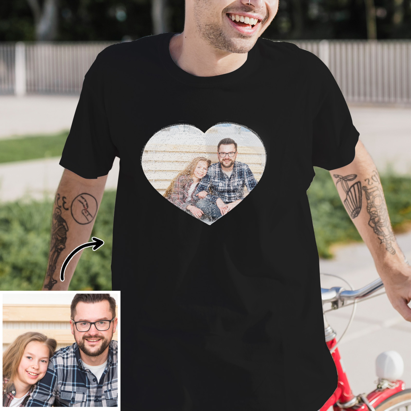 Custom Photo Heart Flip Double Sided Sequin T-shirt Personalized Picture Sequin Tee Father's Day Gifts Super Dad - soufeeluk