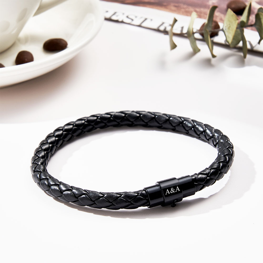 Personalised Stylish black Leather Clasp Bracelet Personalised with the Lucky Recipients Initials a Lasting Bespoke Gift - soufeeluk