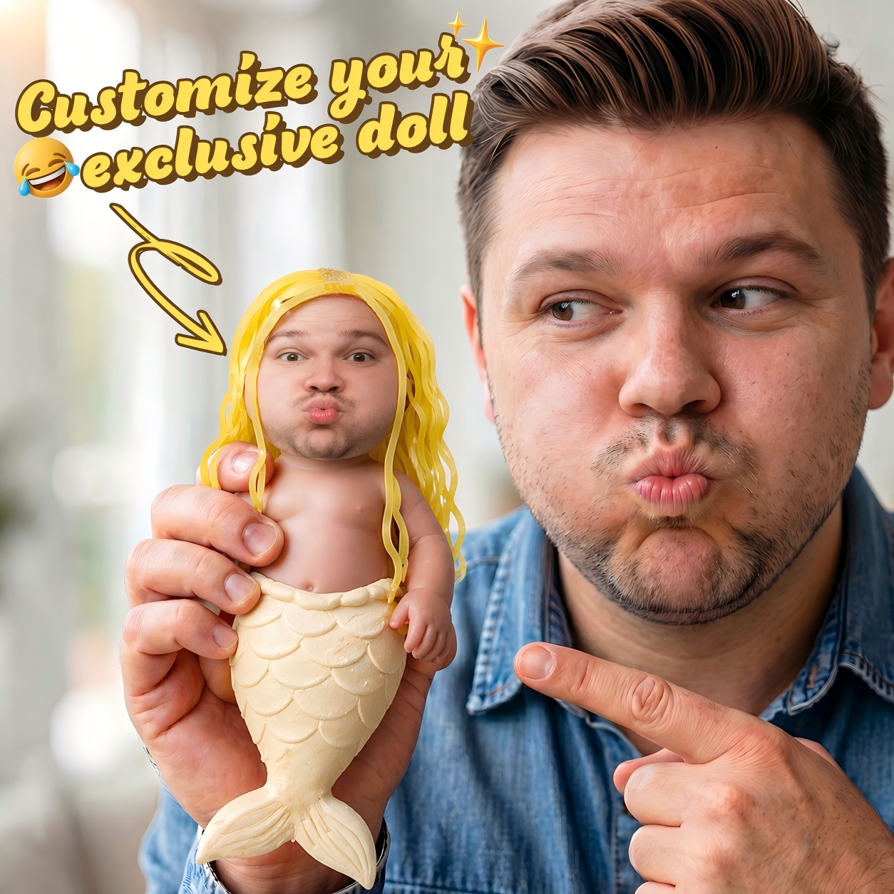 Custom Squishy Stress Relief Doll Mermaid – Personalized Face Squeeze Long Hair Toy, Soft TPR Sand Filled Fidget Toy, Hair Braiding Toy Funny Anxiety Relief Gift