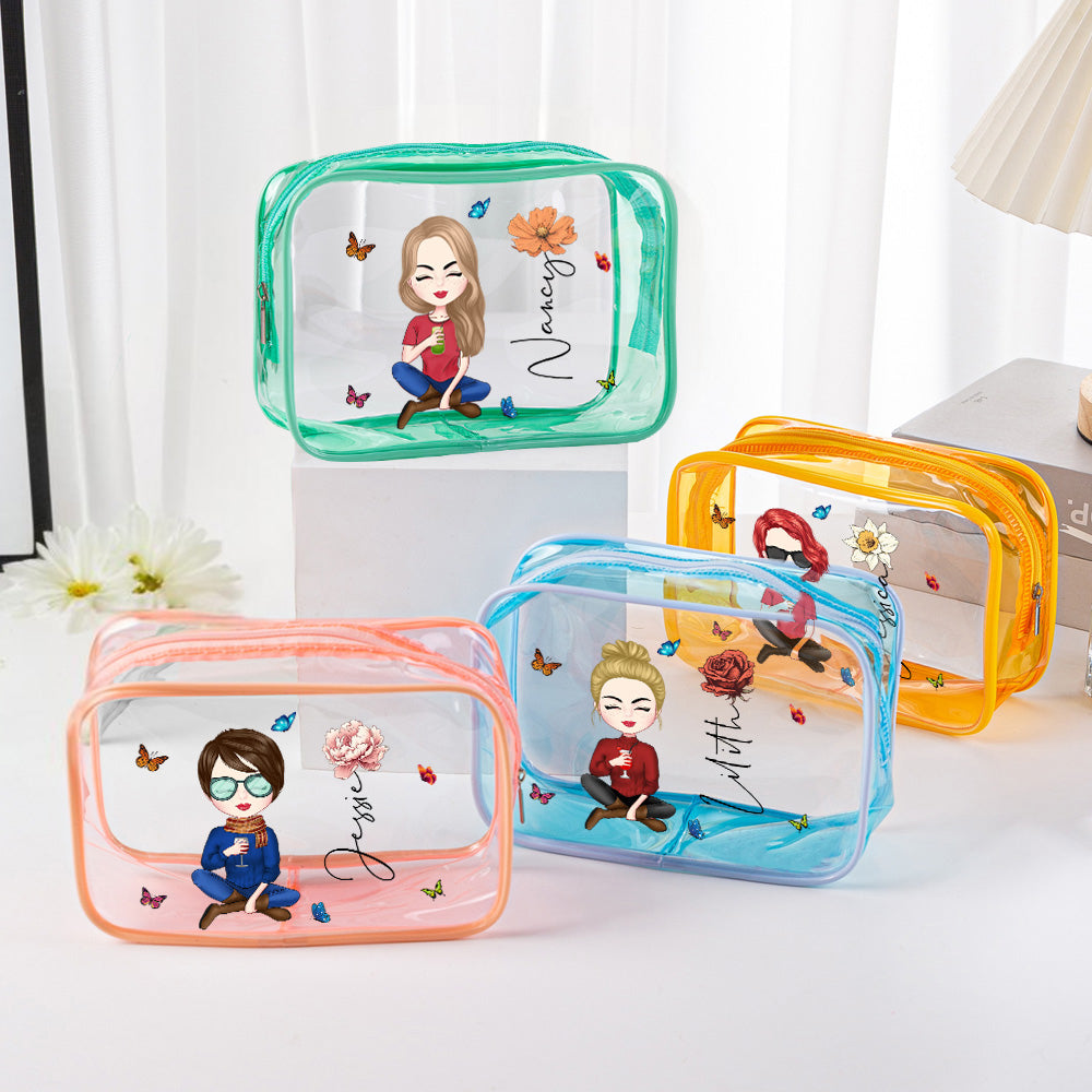Personalised Cartoon Girl Birth Flower Clear Waterproof Makeup Bag with Name Birthday Gift for Her - soufeeluk