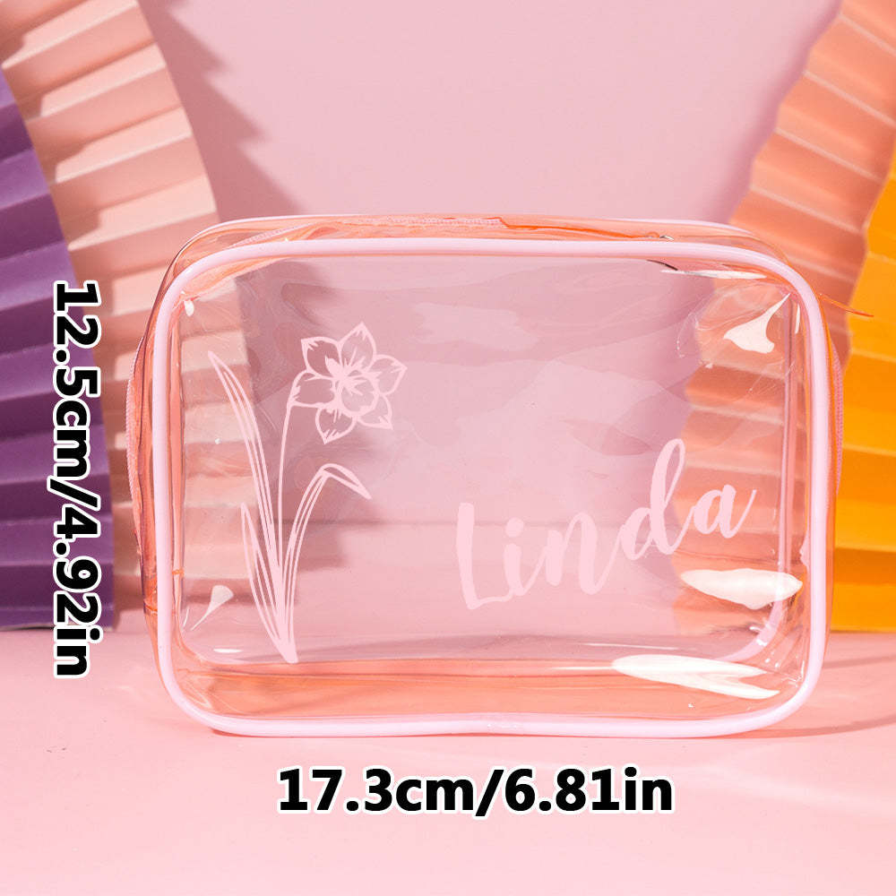 Personalised Birth Flower Name Clear Makeup Bag Birthday Wedding Travel Gift for Her - soufeeluk