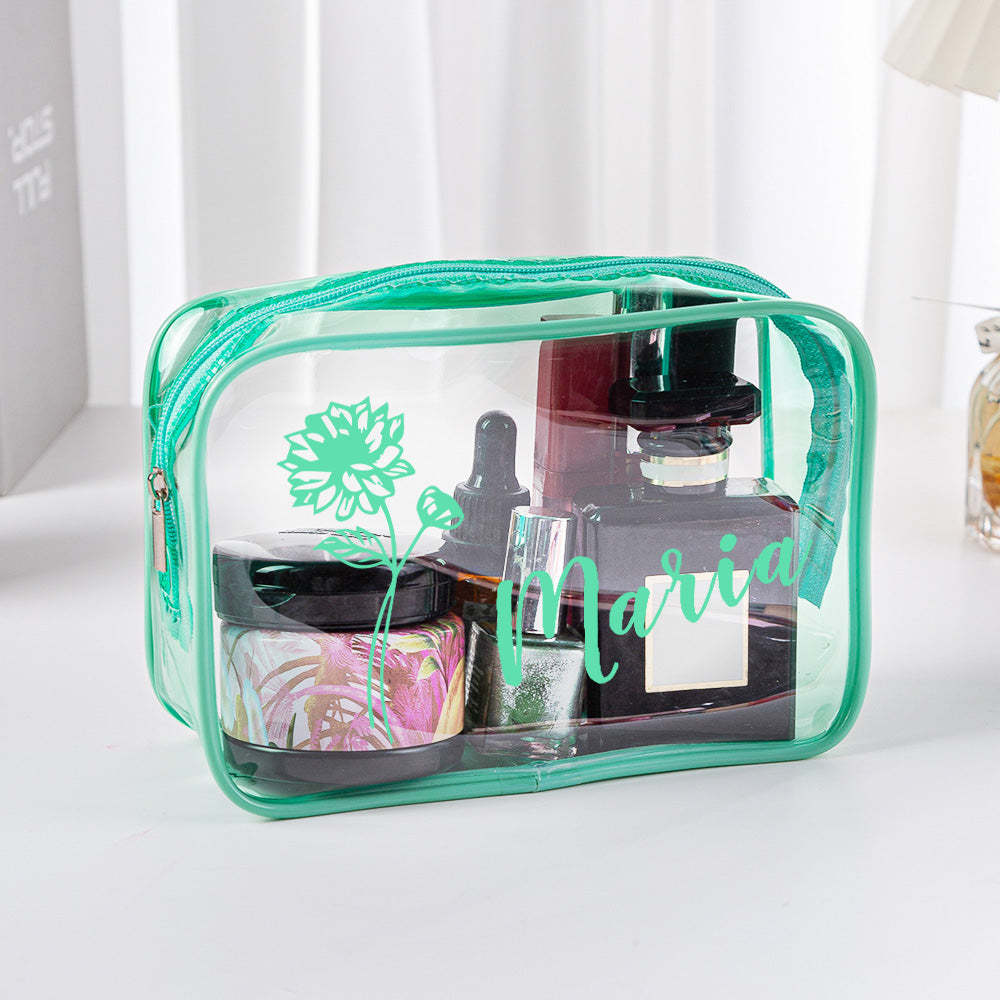 Personalised Birth Flower Name Clear Makeup Bag Birthday Wedding Travel Gift for Her - soufeeluk