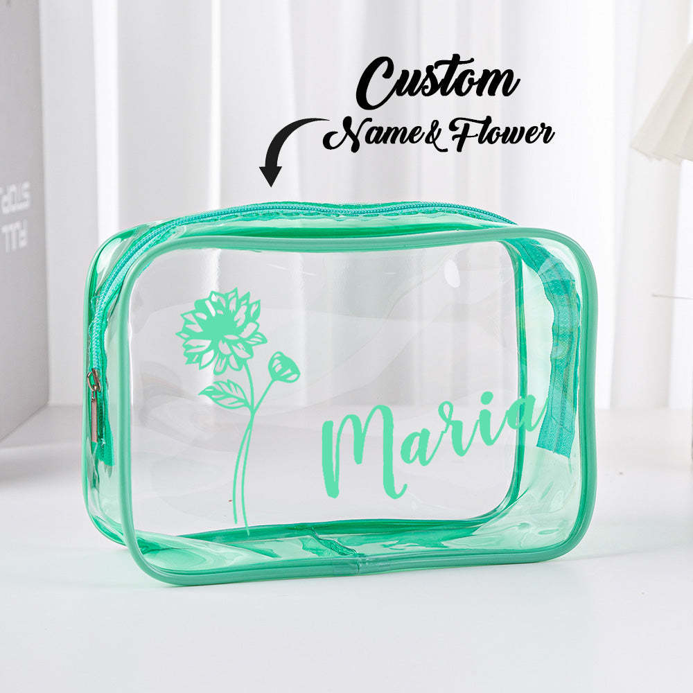 Personalised Birth Flower Name Clear Makeup Bag Birthday Wedding Travel Gift for Her - soufeeluk
