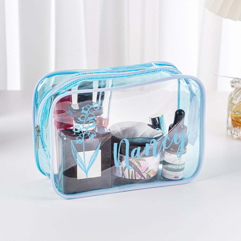 Personalised Birth Flower Name Clear Makeup Bag Birthday Wedding Travel Gift for Her - soufeeluk