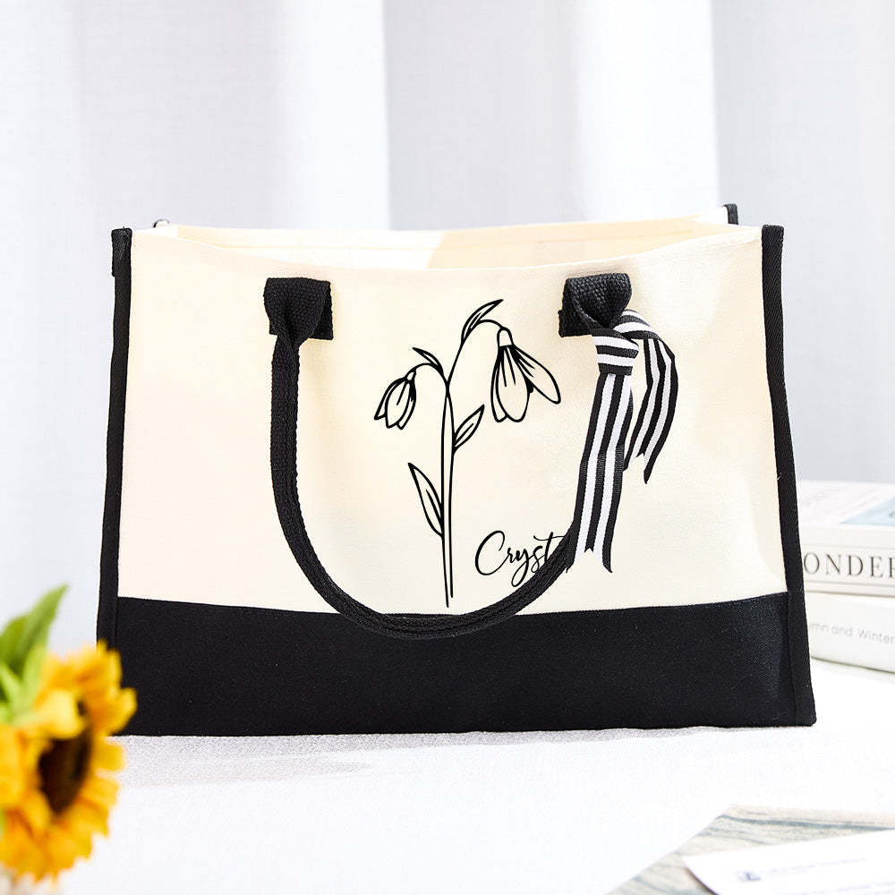 Personalized Birth Flower Canvas Tote Bag Large Capacity Beach Tote Bag Bridal Party Gift for Girls - soufeeluk