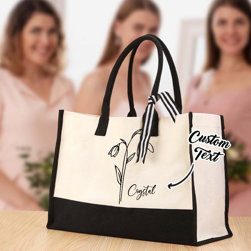 Personalized Birth Flower Canvas Tote Bag Large Capacity Beach Tote Bag Bridal Party Gift for Girls - soufeeluk