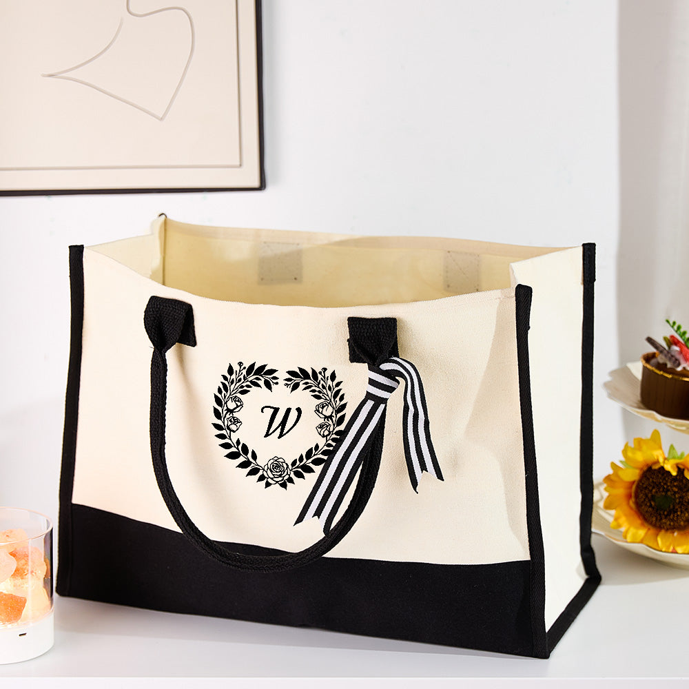Personalized Wreath Initial Canvas Tote Bag Large Capacity Tote Bag Gift for Women - soufeeluk