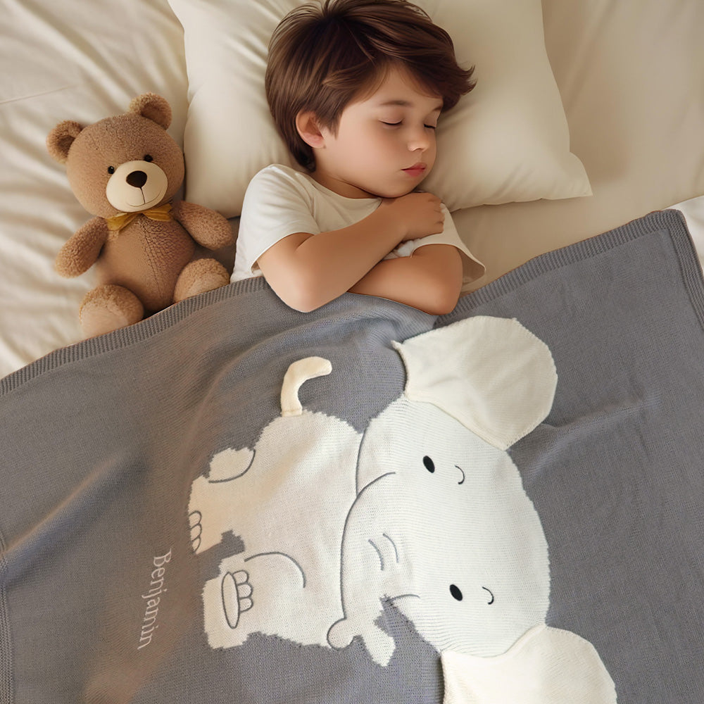 Personalised Baby Blanket Knitting Blanket Grey Elephant with Name Gift for Baby
