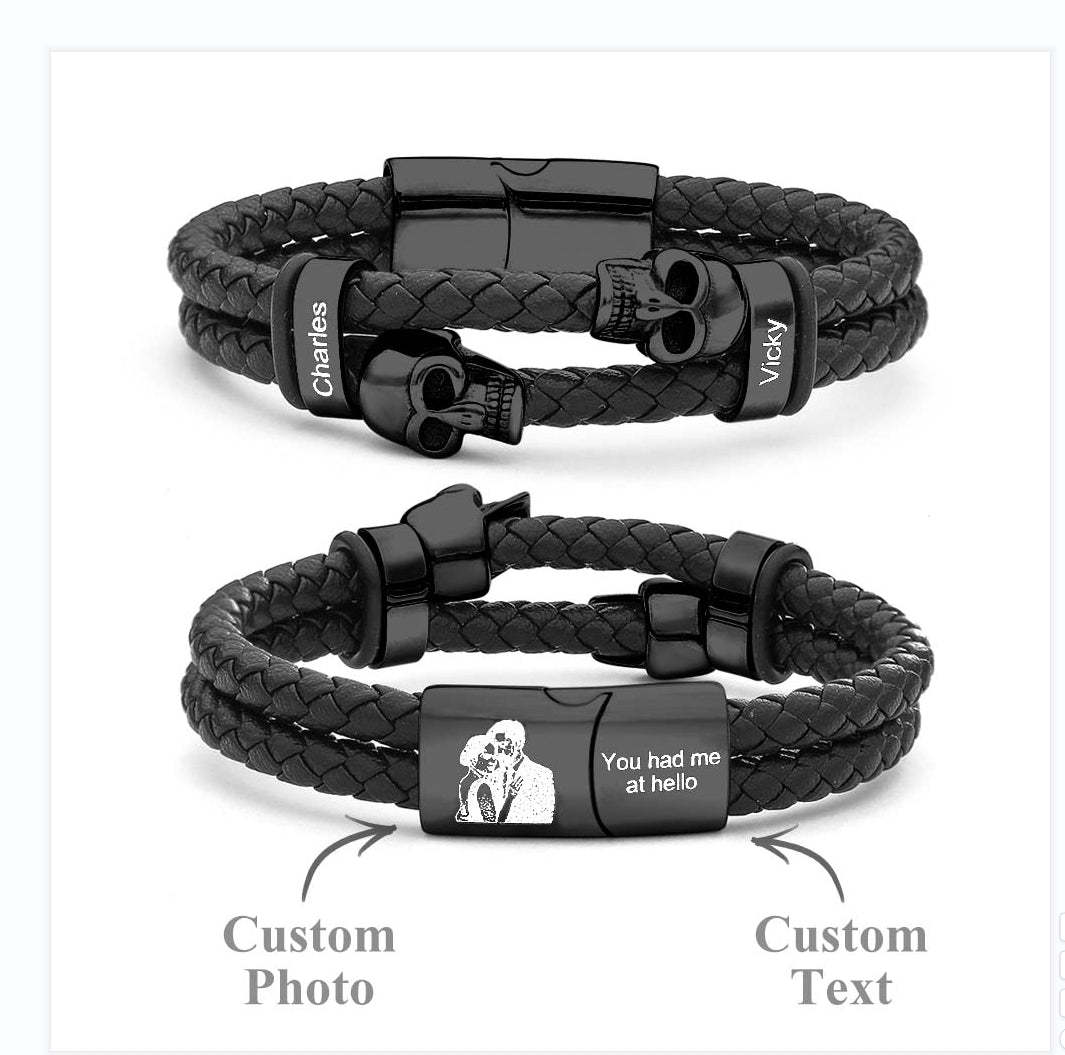 Custom Photo Skull Leather Bracelet Personalised Engraved Multi-layer Braided Bracelet Gifts For Men - soufeeluk