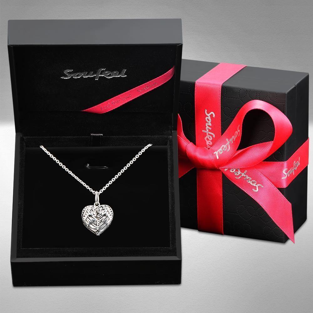 Engravable Photo Locket Necklace Personalized Heart Angel Wings Sterling Silver Gift For Mom - soufeeluk