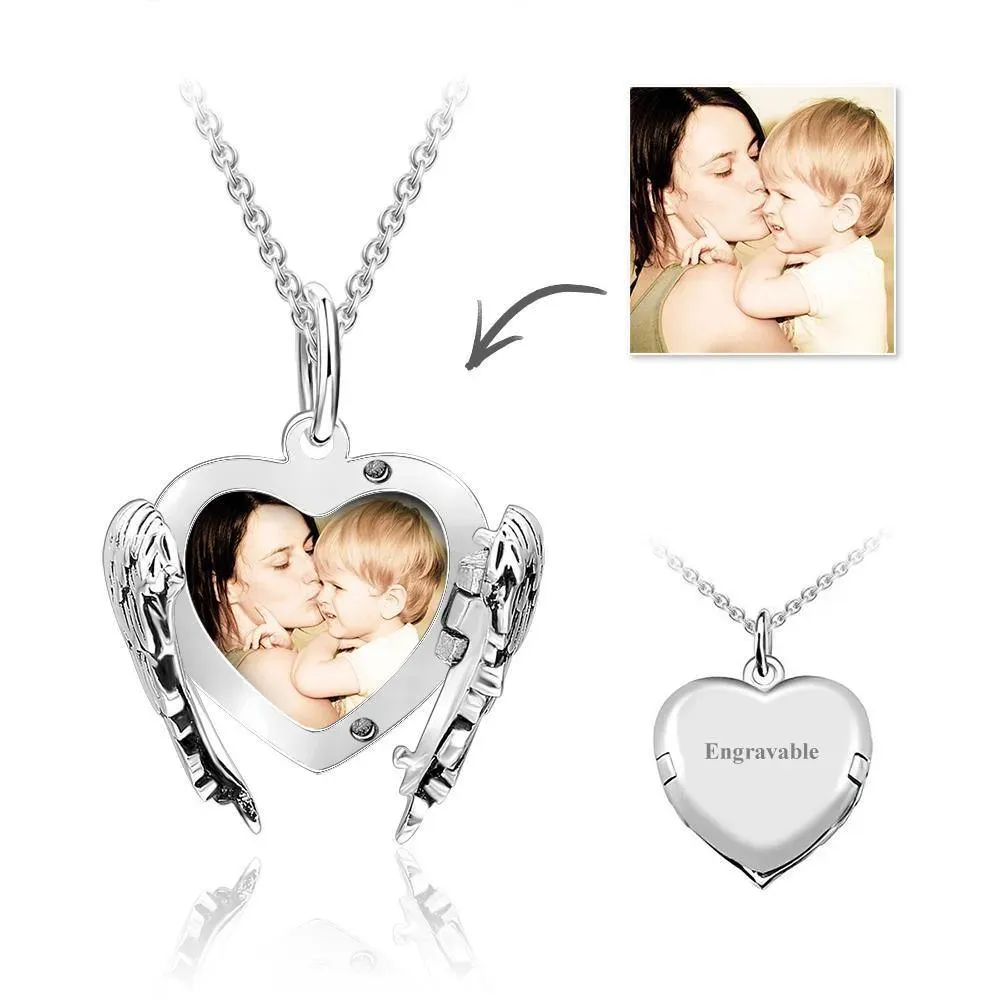 Engravable Photo Locket Necklace Personalized Heart Angel Wings Sterling Silver Gift For Mom
