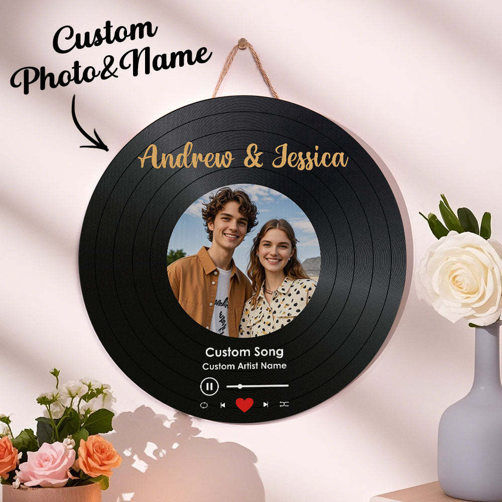 Personalized Music Vinyl Record Photo Round Wood Sign Gift for Lover - soufeeluk