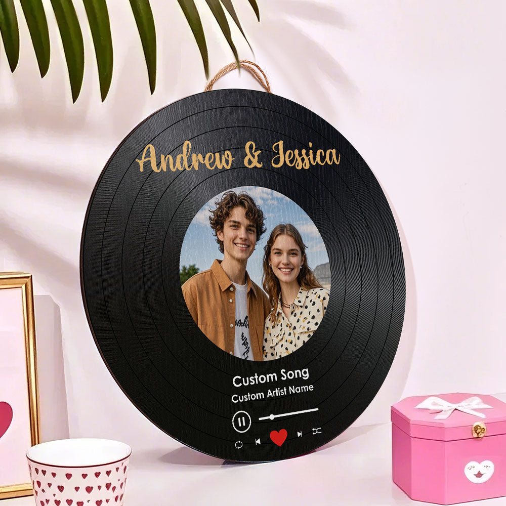 Personalized Music Vinyl Record Photo Round Wood Sign Gift for Lover - soufeeluk