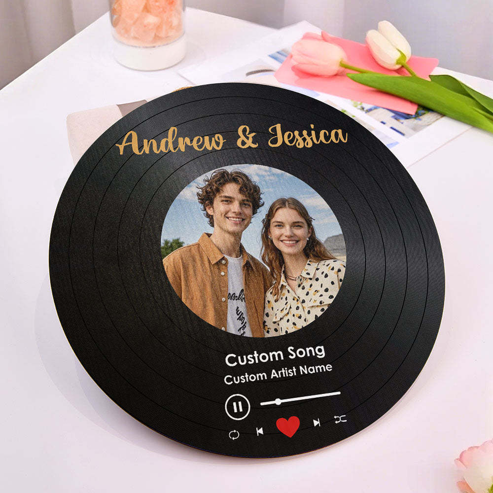 Personalized Music Vinyl Record Photo Round Wood Sign Gift for Lover - soufeeluk