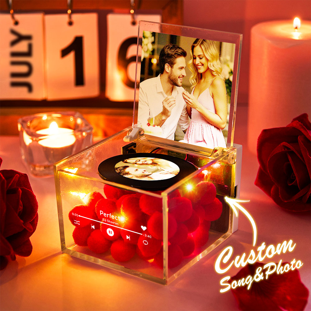 Anniversary Gifts Personalized Mini Music Record Player Custom Names and Calendar in an Acrylic Box - soufeeluk
