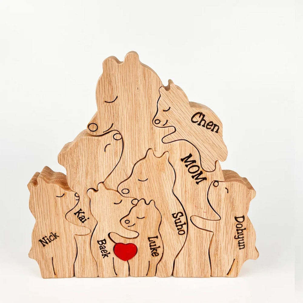 Custom Names Wooden Single Parent Bears Family Block Puzzle Home Decor Gifts - soufeeluk
