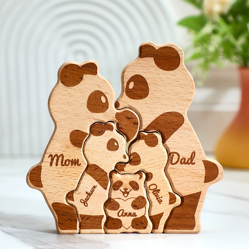 Custom Names Wooden Pandas Family Block Puzzle Home Decor Gifts - soufeeluk