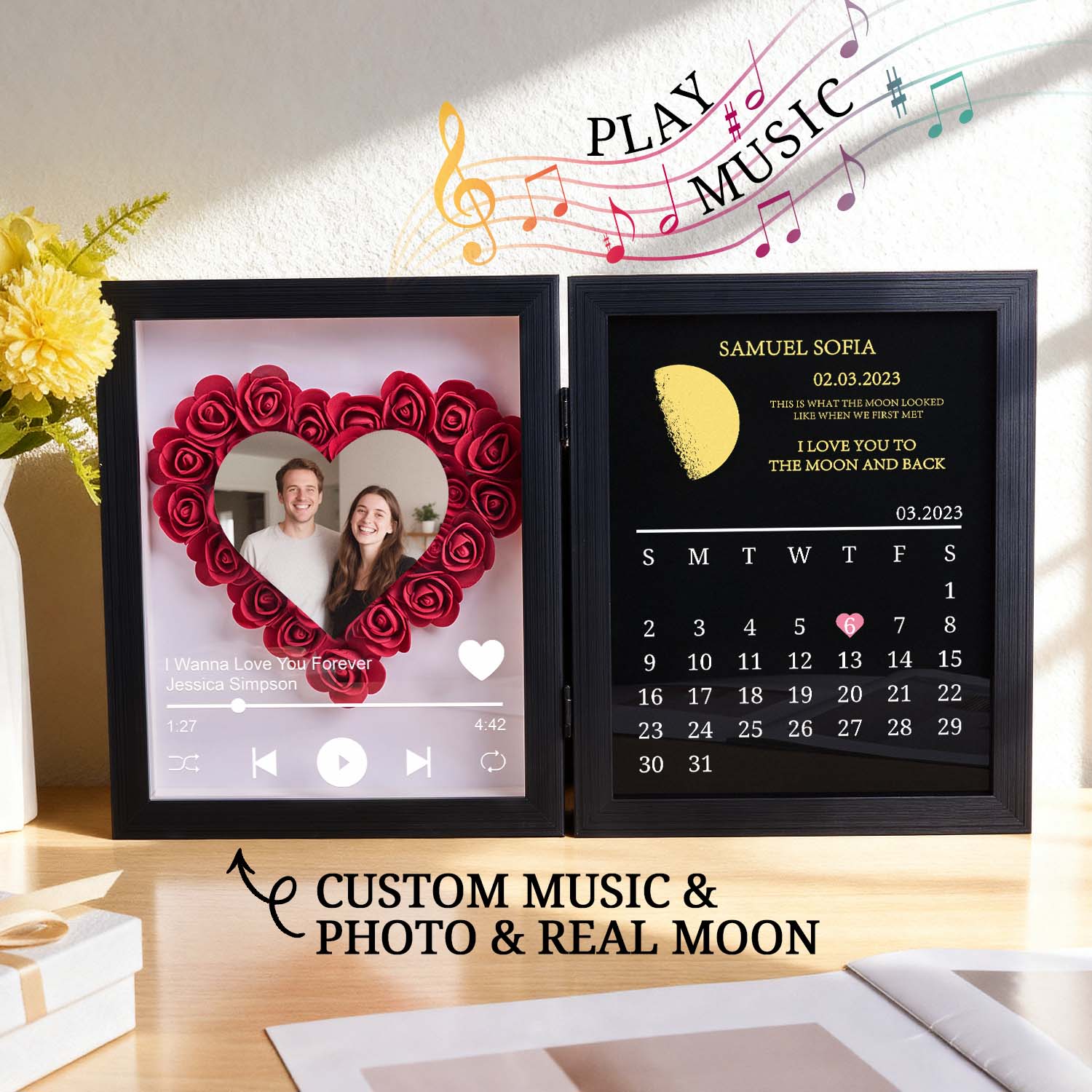 Custom Flowers Song Frame with Real Moon Phase Can Play Music Anniversary Calendar Gift for Her - soufeeluk