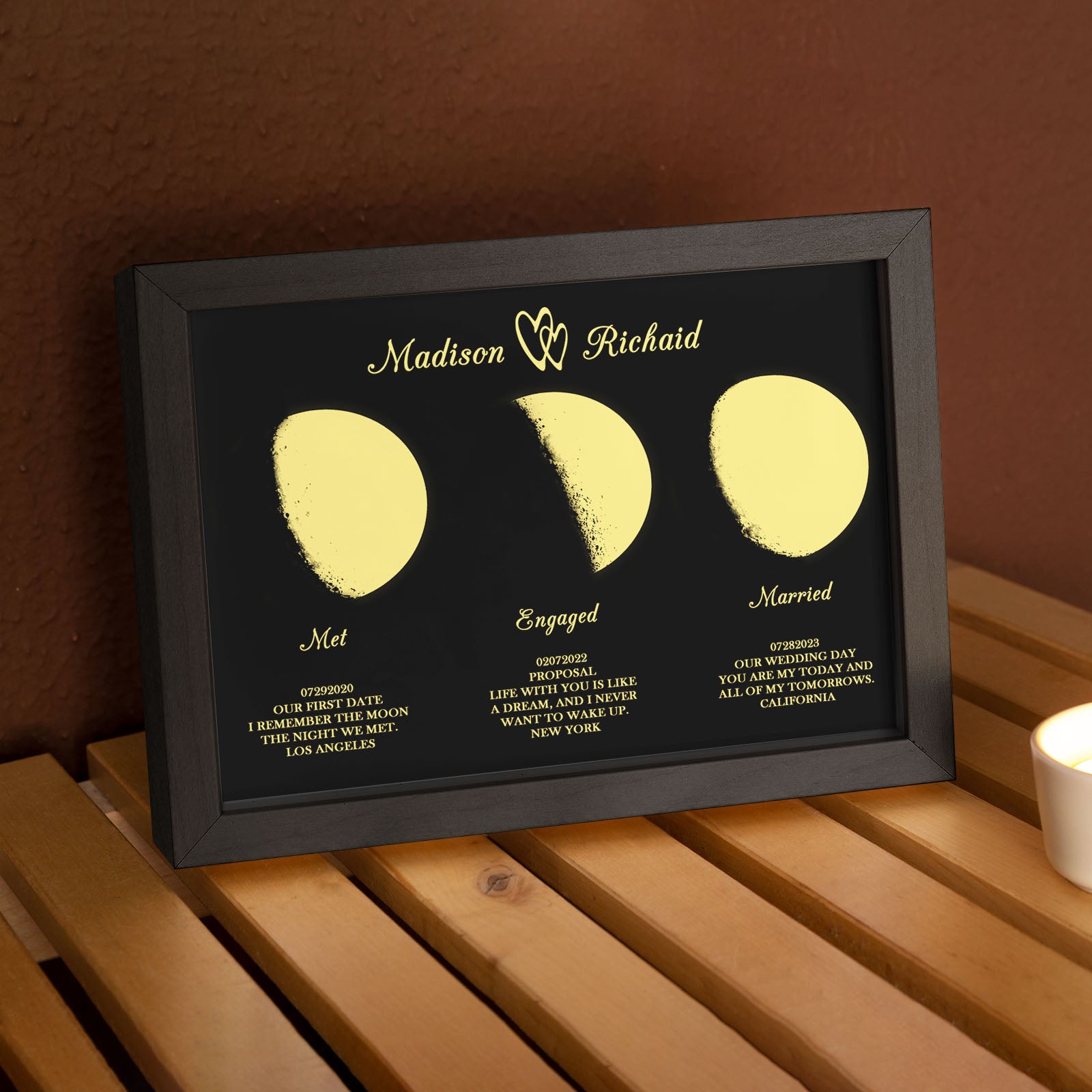 Custom Moon Phase Wooden Frame Three Moon Phase with Personalised Name and Text - soufeeluk
