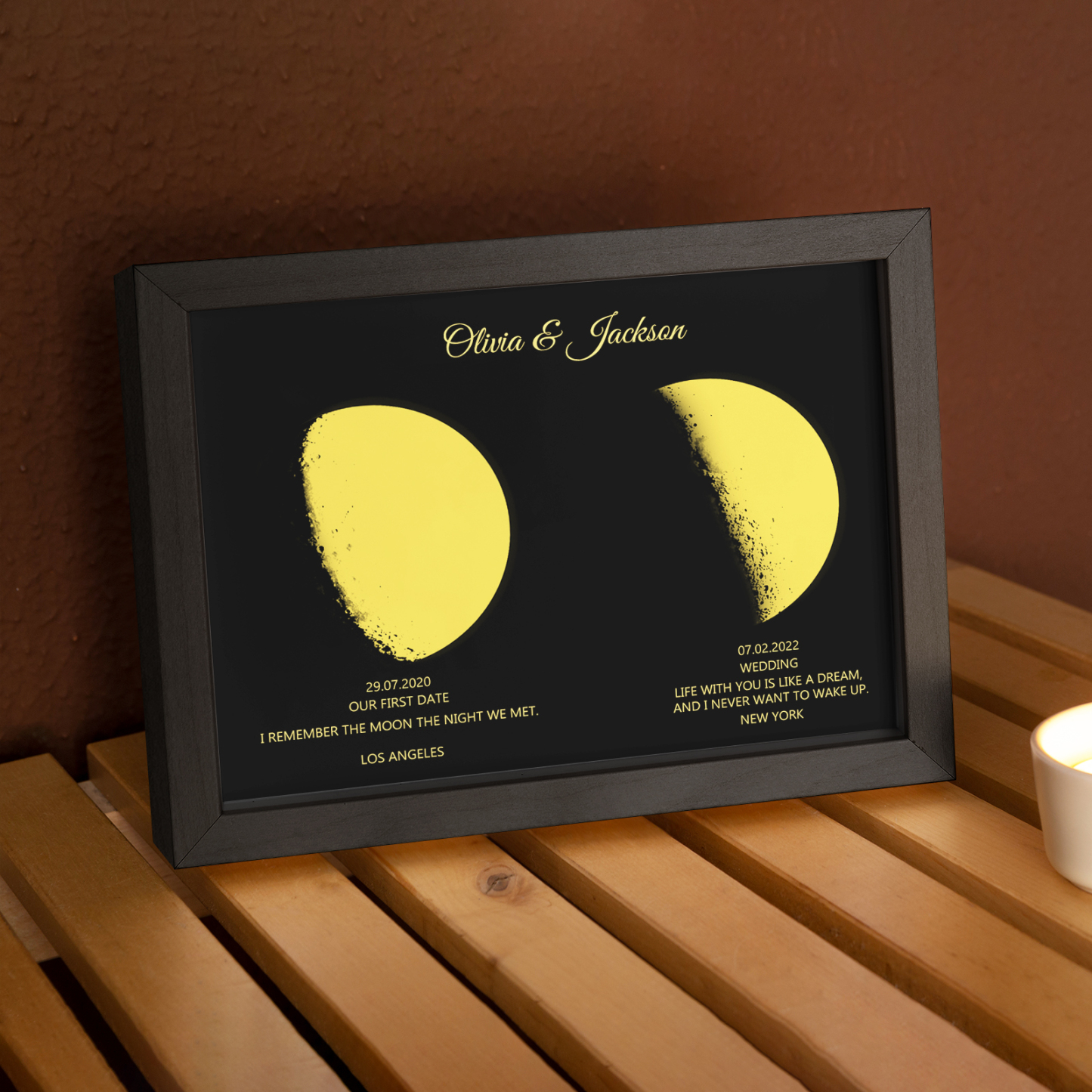 Custom Moon Phase and Names Wooden Frame with Personalised Text Gold Moon