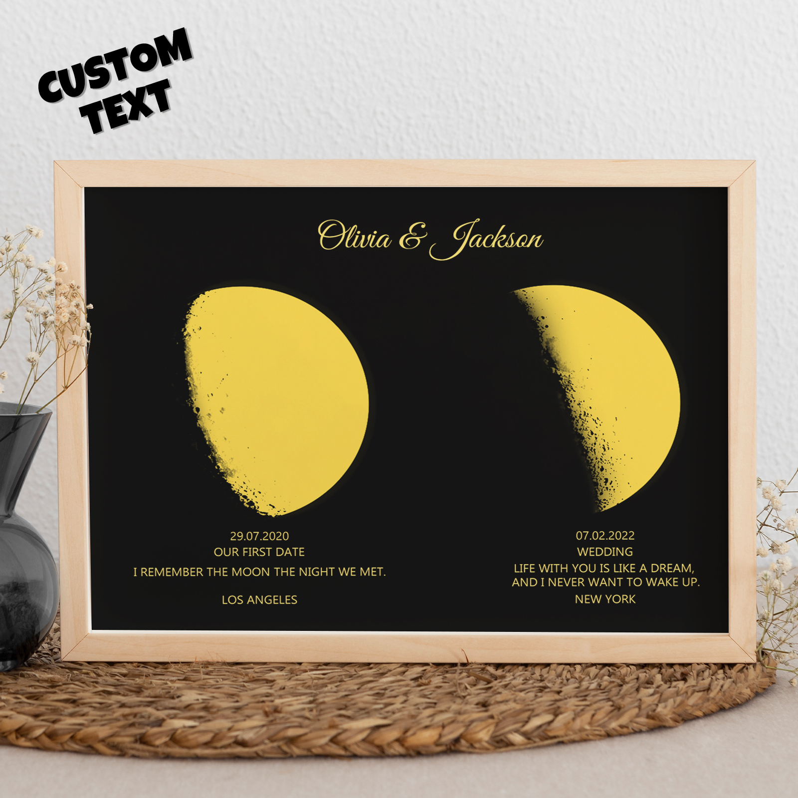 Custom Moon Phase and Names Wooden Frame with Personalised Text Gold Moon