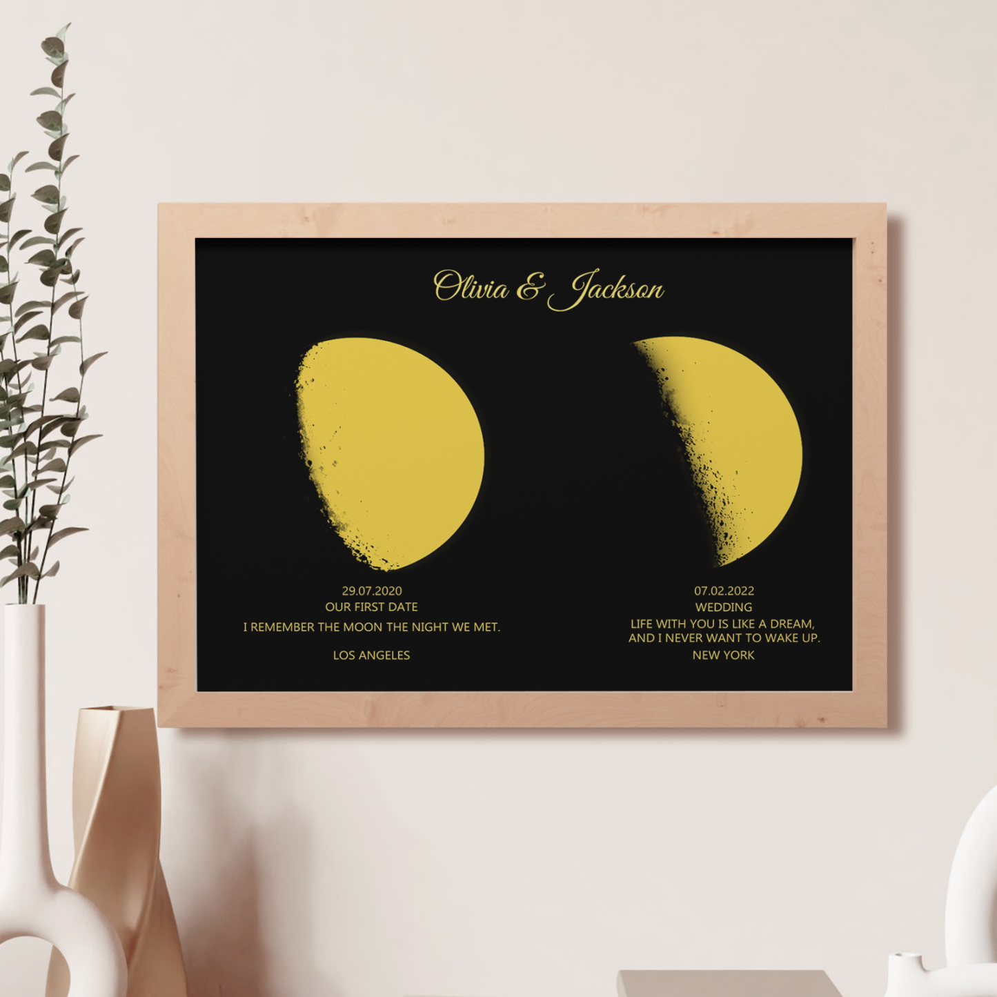 Custom Moon Phase and Names Wooden Frame with Personalised Text Gold Moon
