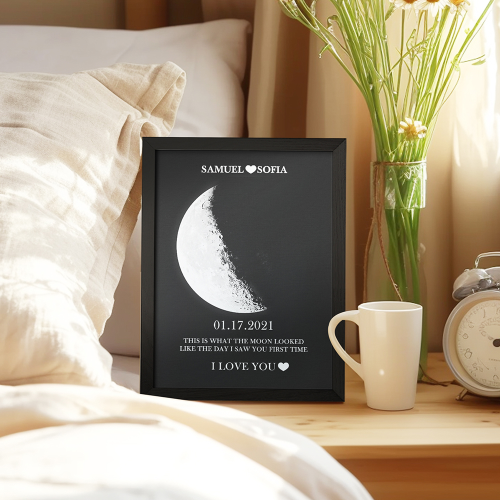 Custom Silver Moon Phase and Names Wooden Frame with Your Text Custom Couple Art Frame Best Valentine's Day Gift - soufeeluk