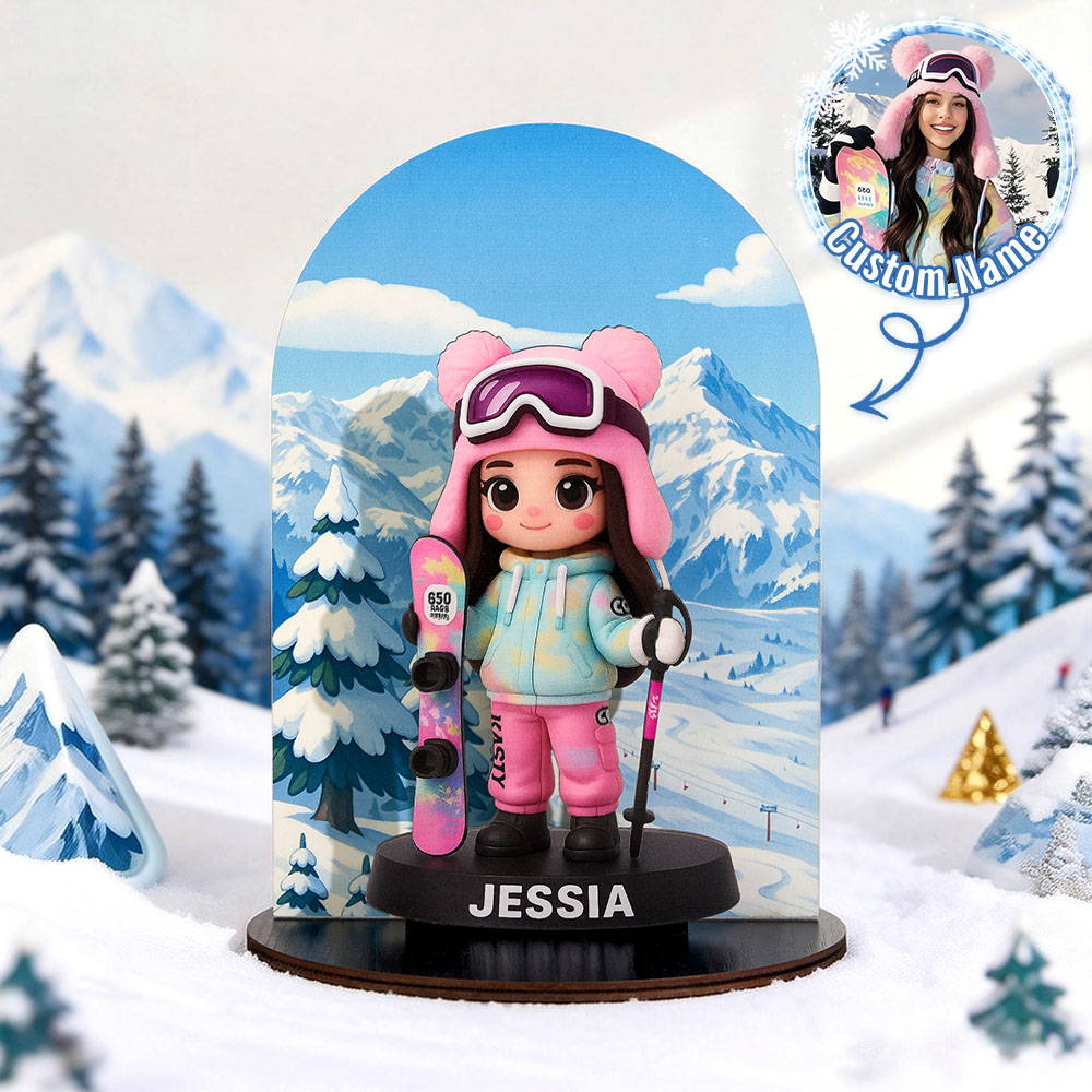 Custom Wooden Skiiing Photo Desk Decor Personalized Animated Snowboarder Decoration Winter Cartoon Souvenir for Skiers - soufeeluk
