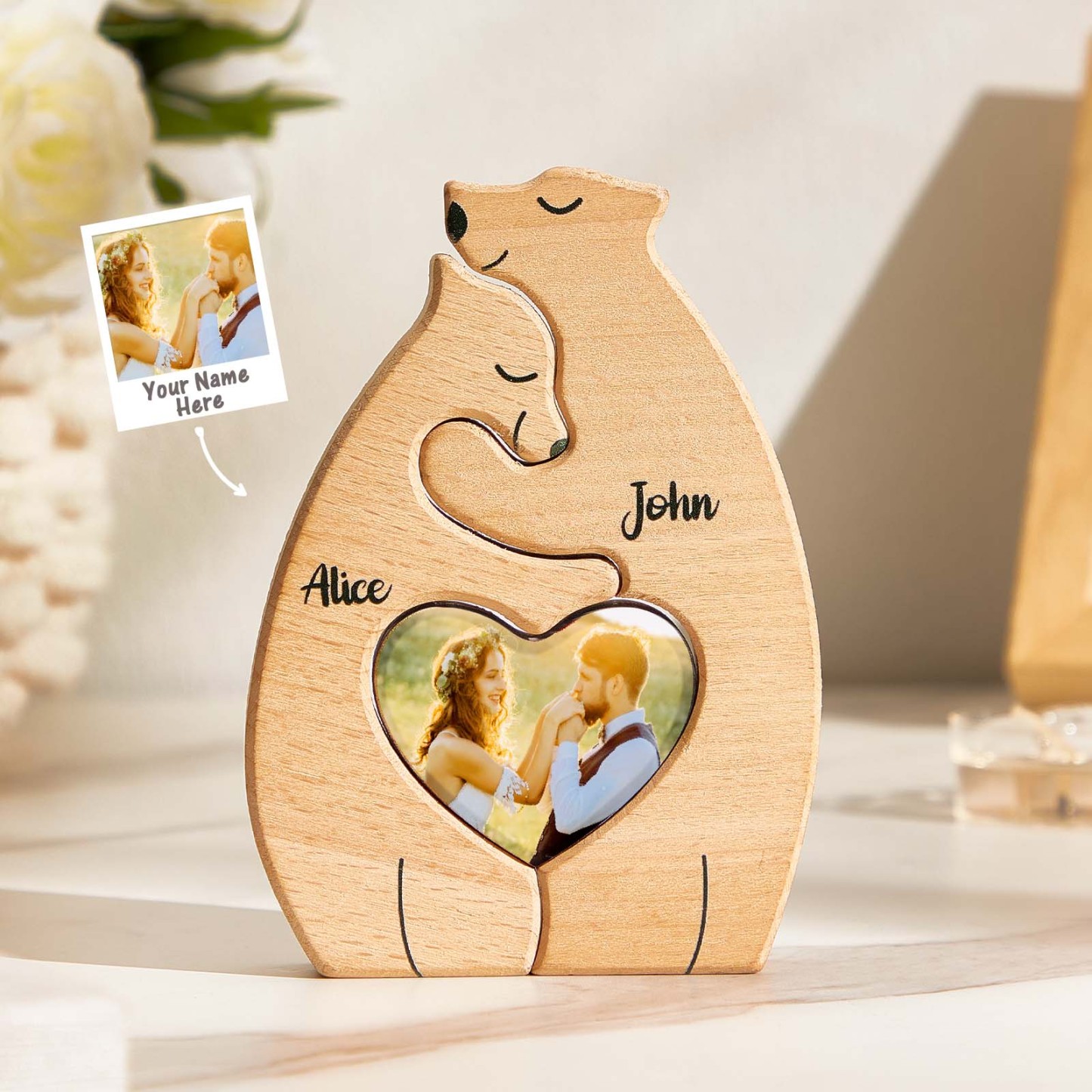Personalised Bear Couple Wooden Art Puzzle with Names and Photos Gift for Couple - soufeeluk