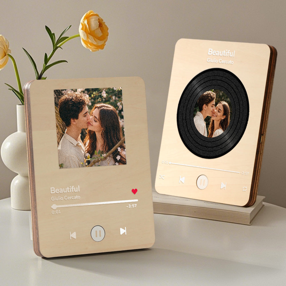 Personalized Photo Wooden Music Record Player Wedding Anniversary Gift for Couples - soufeeluk