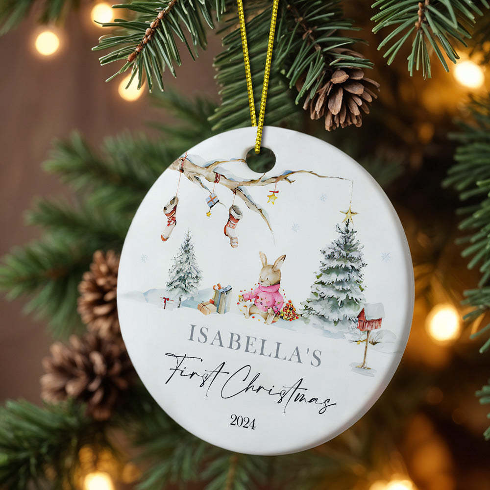 Personalised Rabbit Ceramic Ornament with Name Baby's First Christmas Ornament for New Baby Christmas Gift - soufeeluk