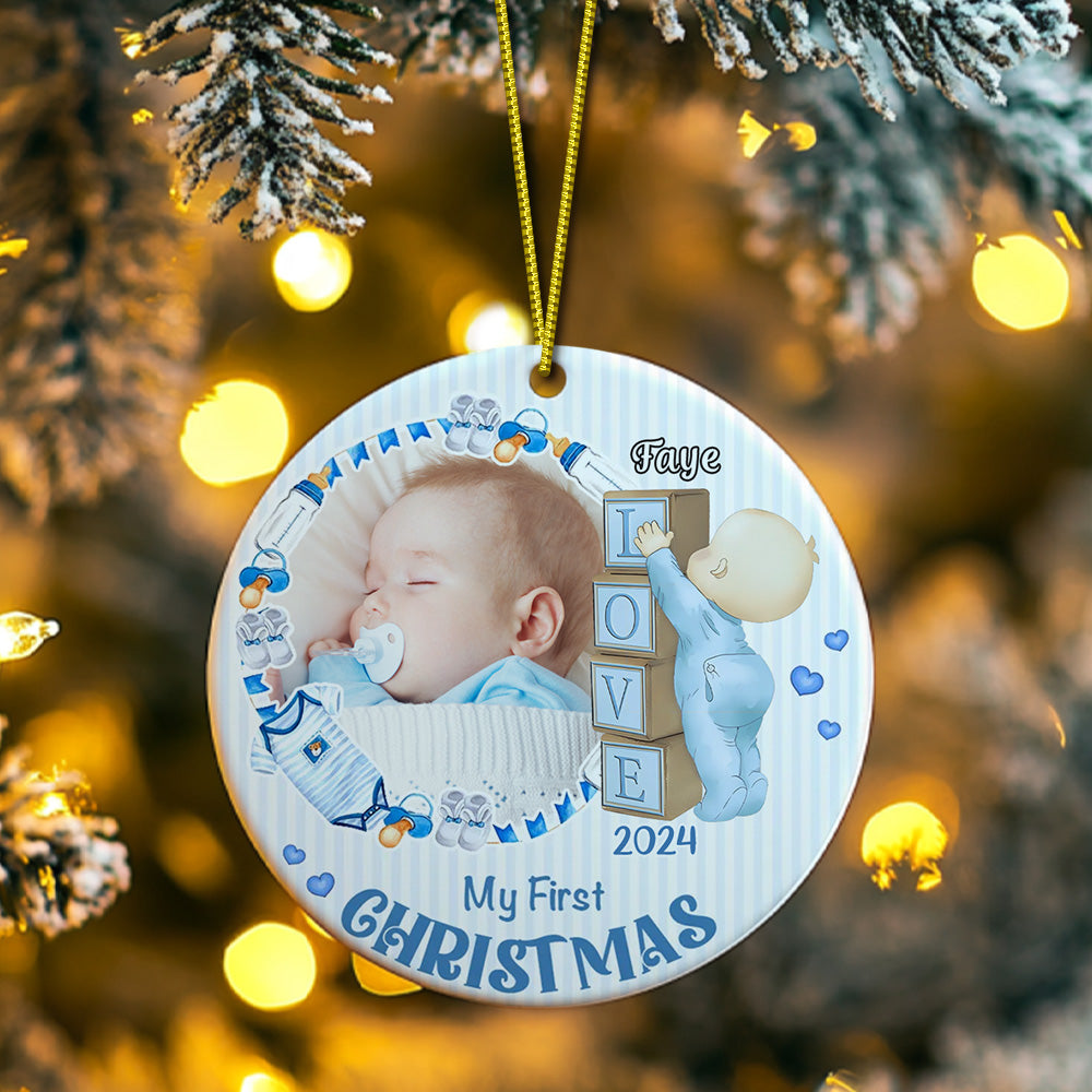 Personalised Baby's First Christmas Ornament with Photo Ceramic Christmas Ornament for Newborn Gift - soufeeluk