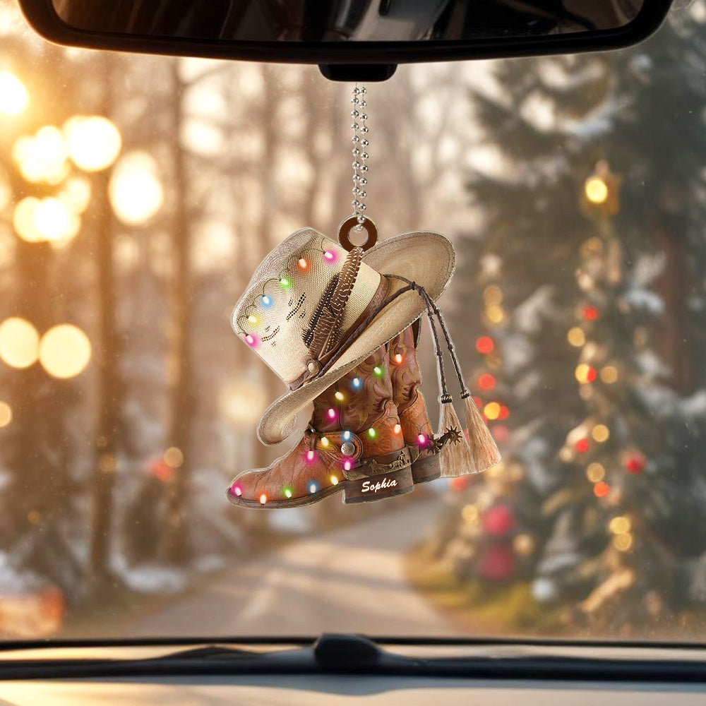 Personalized Cowboy Boots And Hat Car Ornament with Name Rearview Mirror Decoration Gift - soufeeluk