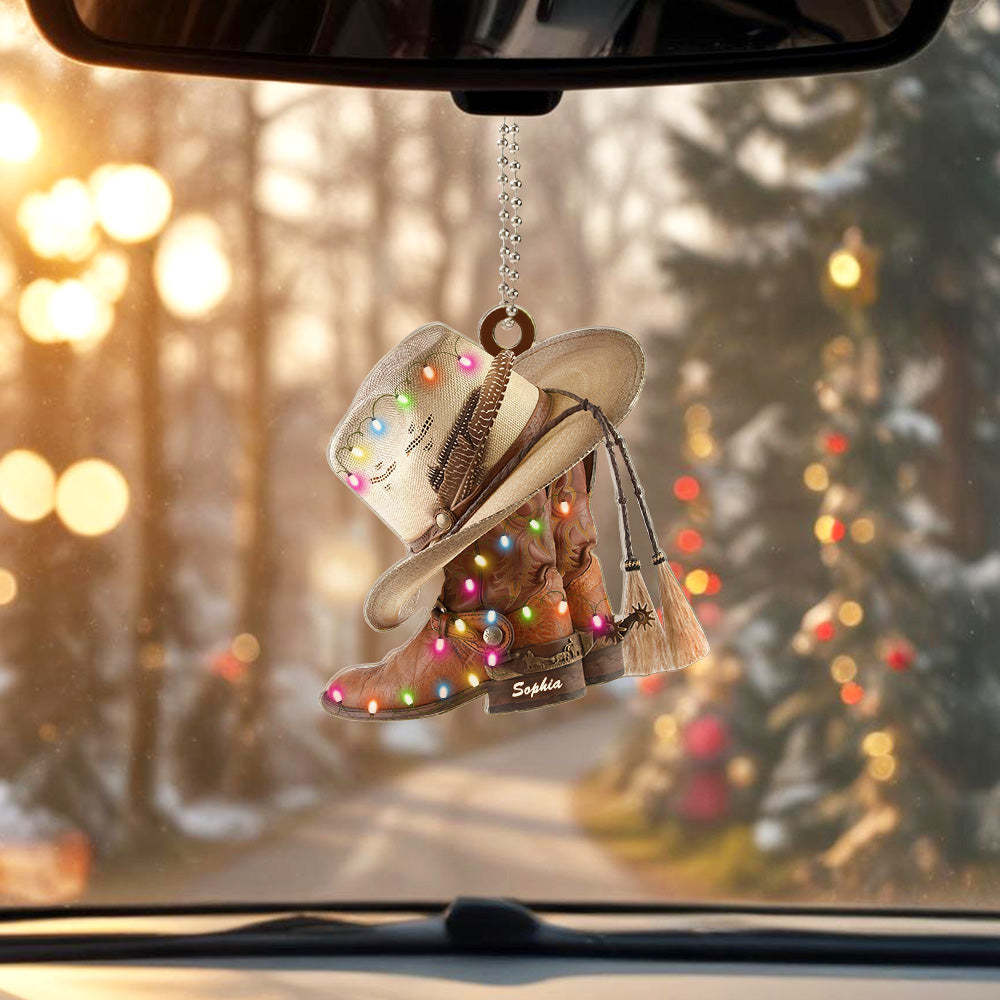 Personalized Cowboy Boots And Hat Car Ornament with Name Rearview Mirror Decoration Gift - soufeeluk