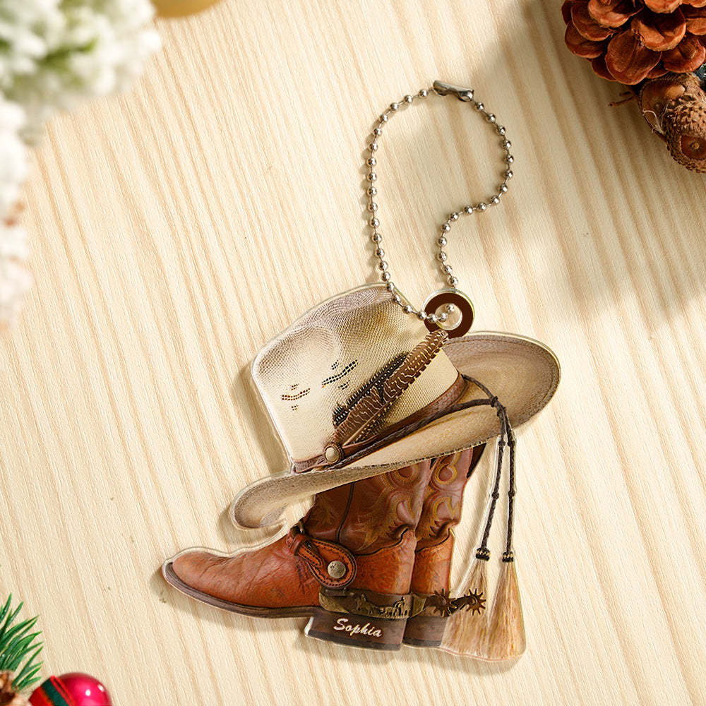 Personalized Cowboy Boots And Hat Car Ornament with Name Rearview Mirror Decoration Gift - soufeeluk