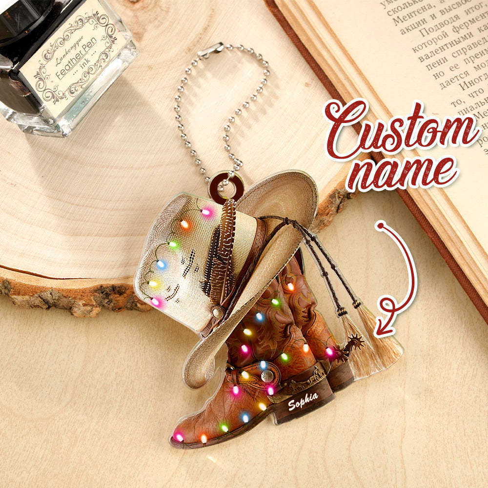 Personalized Cowboy Boots And Hat Car Ornament with Name Rearview Mirror Decoration Gift - soufeeluk