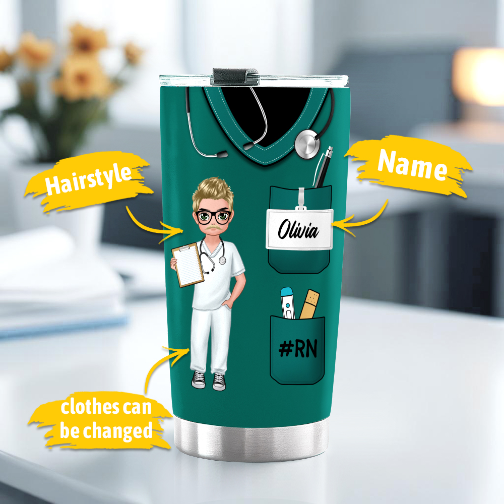 Male Nurse Custom Text and Accessories Tumbler Cup with Straw Medical Gift for Male Nurse - soufeeluk