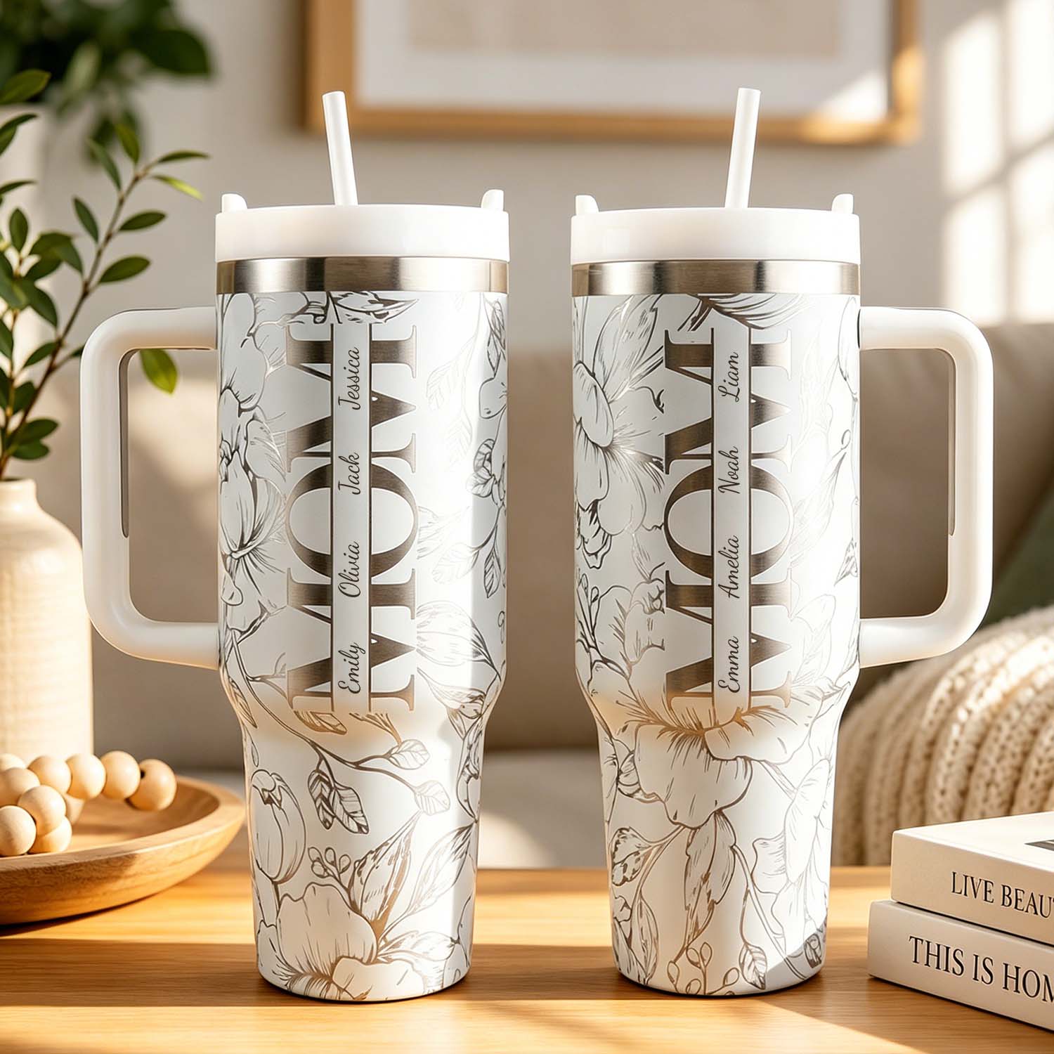 Custom Kids' Names  Tumbler Floral Mom Mother's Day Gifts Personalized 40oz Tumbler - soufeeluk